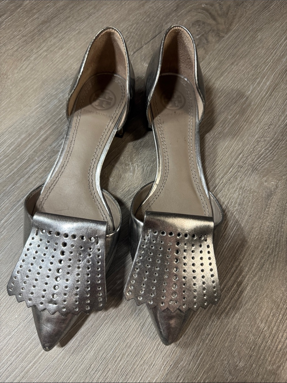 Tory Burch Metallic Pointed D'Orsay Flats - Pewter